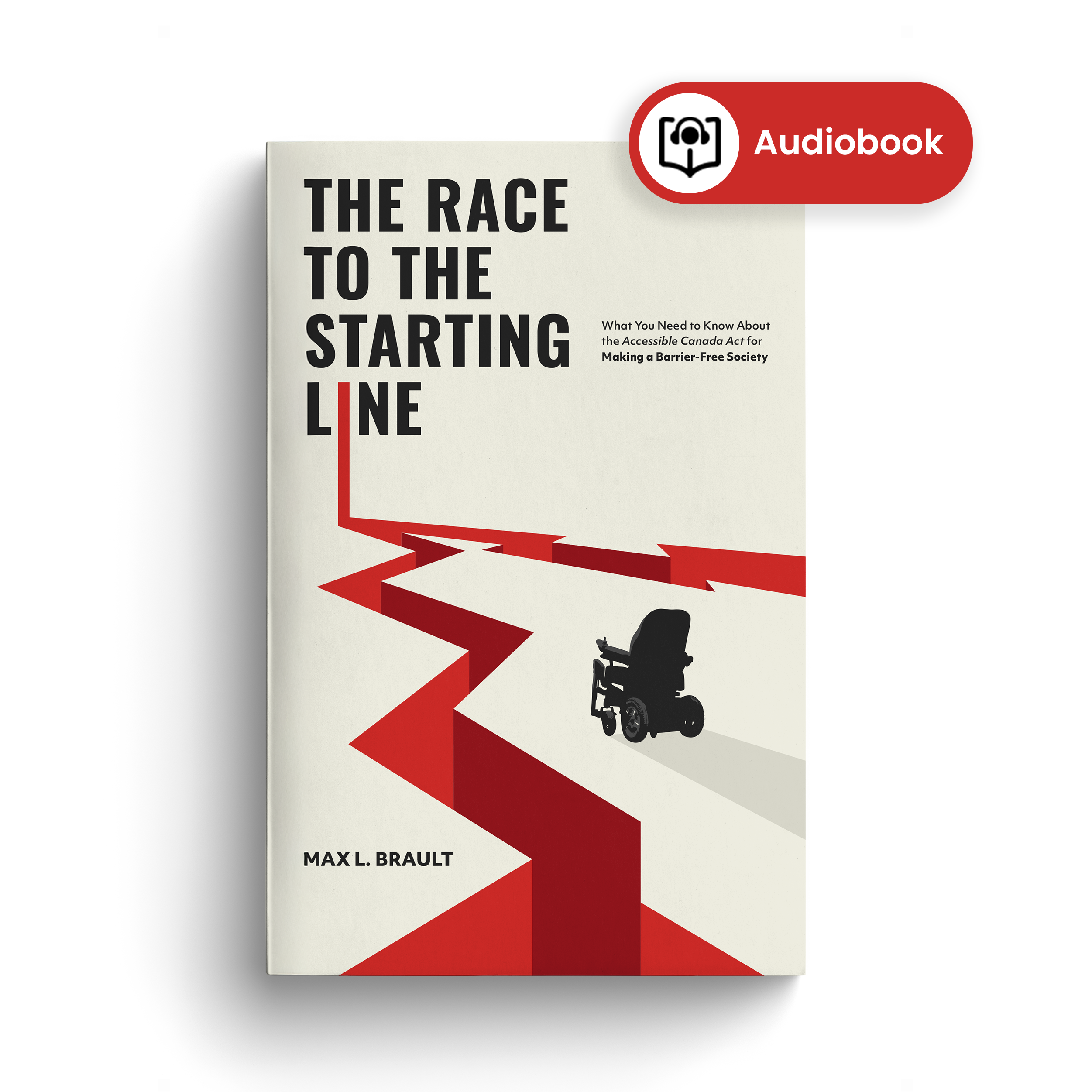Book cover of The Race to the Starting Line with an Audiobook icon and label. The icon shows an open book with a head wearing headphones overlaid on top.
