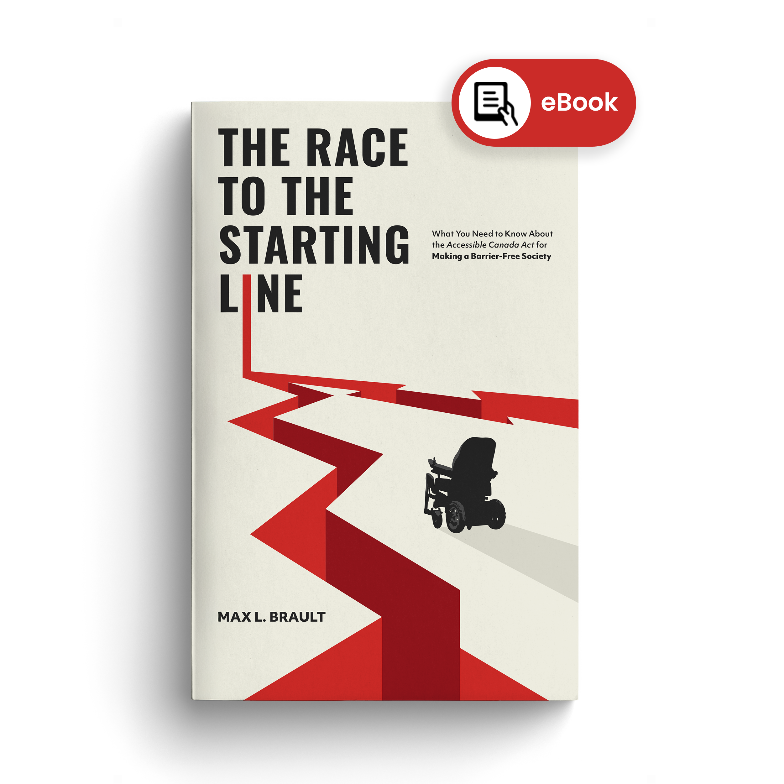 Book cover of The Race to the Starting Line with an eBook icon and label. The icon shows a hand holding an eReader.