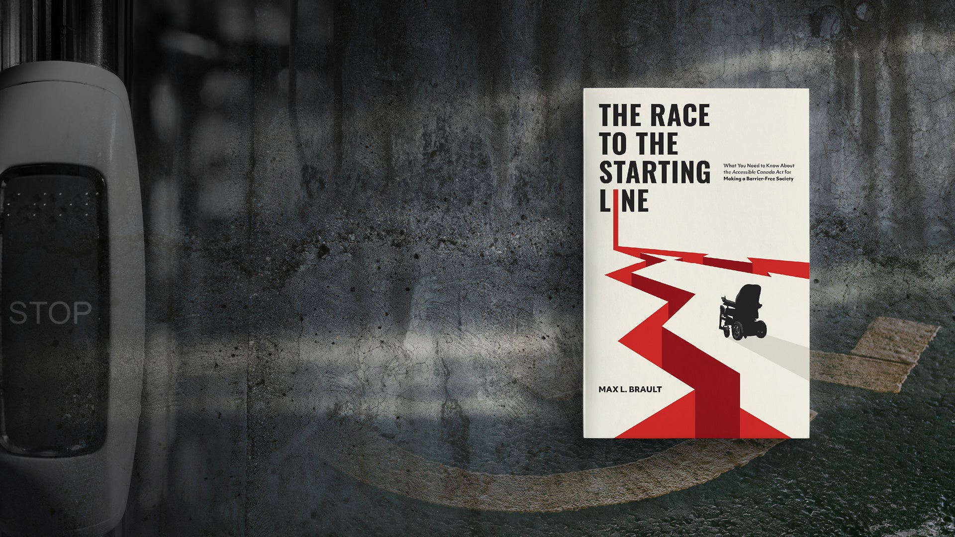 A photo of Max's book The Race to the Starting Line overlaid on a collage image showing braille on a bus' stop request button and wheelchair parking paint marker on pavement
